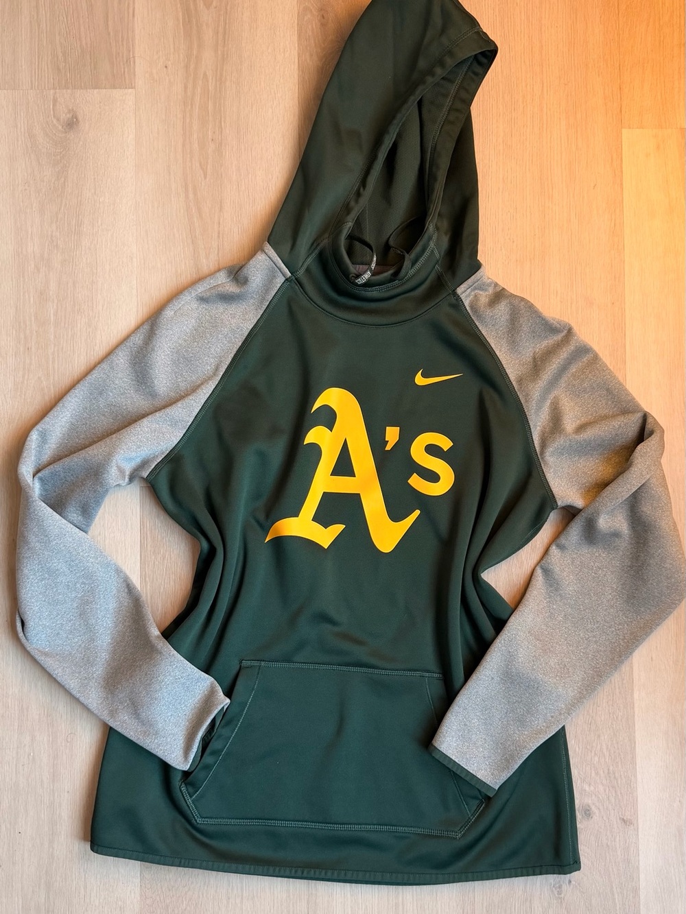 Nike Green and Gray Oakland A's Hooded Sweatshirt with Yellow Logo